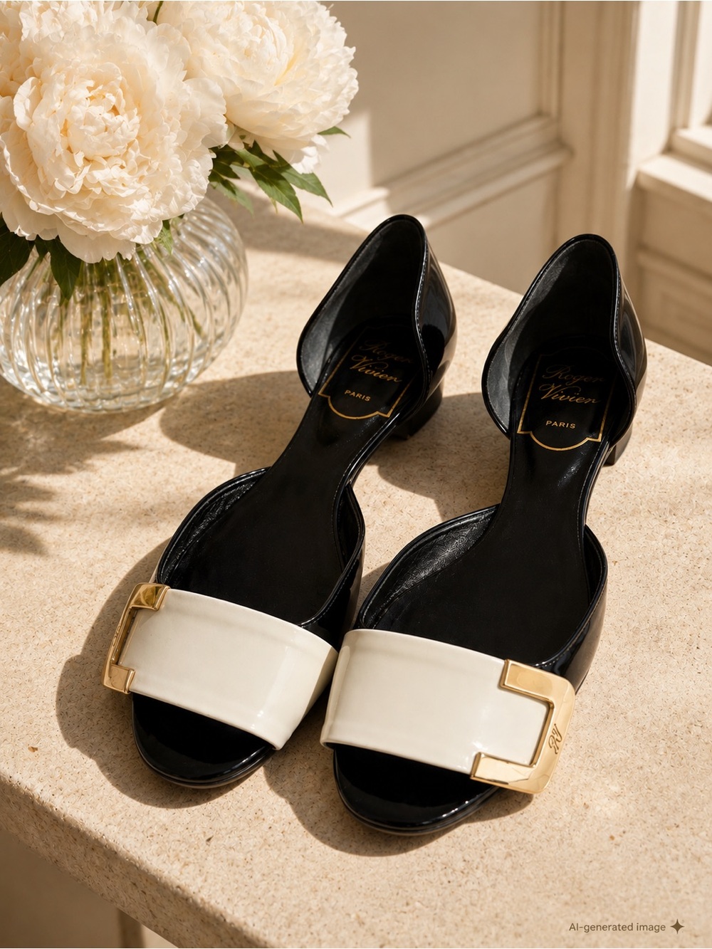 Roger Vivier Patent Leather D’Orsay Flats Black Ivory Gold Buckle 35 US 5